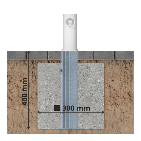 Uitneembare afzetpaal Ø76 mm, wit-rood, met slot, geïnstalleerd in 400x300 mm betonfundering.