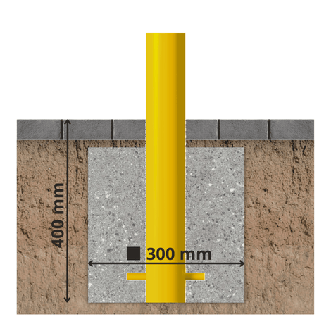 Gele afzetpaal Ø89 mm, verankerd in beton met een diepte van 400 mm en breedte van 300 mm.