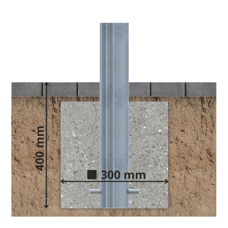 Verzinkte stalen afzetpaal Ø89 mm, verankerd in een 400x300 mm betonnen fundering in de grond.