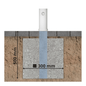 Uitneembare afzetpaal Ø89 mm, wit, met slot, ingebed in betonfundering van 500x300 mm.