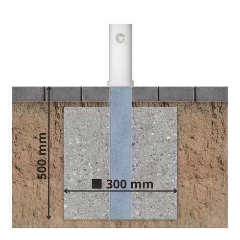 Uitneembare afzetpaal Ø89 mm, wit, met slot, ingebed in betonfundering van 500x300 mm.