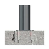 Grijze afzetpaal Ø102 mm, gemonteerd in beton met 120 mm diepe ankers.