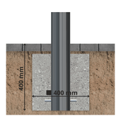 Afzetpaal Ø102 mm met helm kop, ingegraven in betonfundering van 400x400 mm.