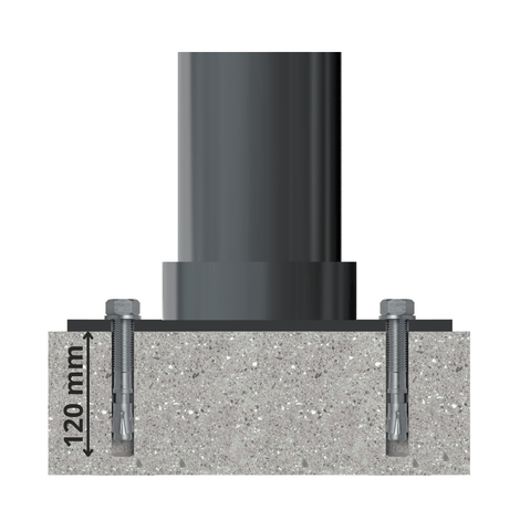 Donkergrijze afzetpaal Ø108 mm met helm kop, gemonteerd op beton met ankerbouten, 120 mm diepte.