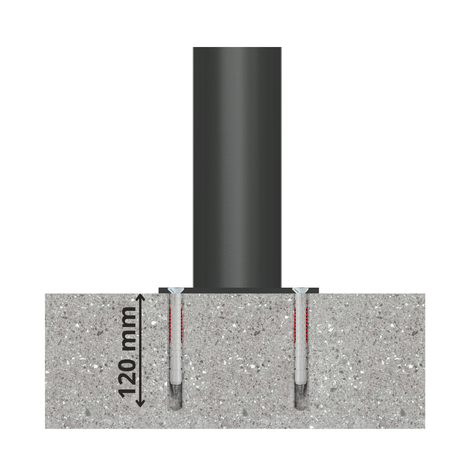 Zwarte Ø76 mm afzetpaal met puntkop, gemonteerd in beton met 120 mm ankers.