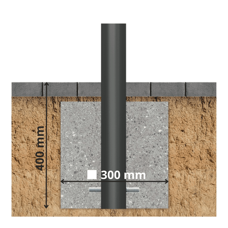 Zwarte afzetpaal Ø76 mm met puntkop, ingegraven in betonfundering van 400x300 mm.