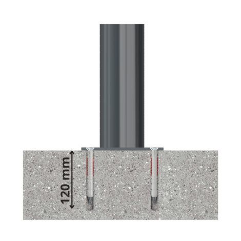 Grijze afzetpaal Ø76 mm met ringen, bevestigd in beton met 120 mm ankers.