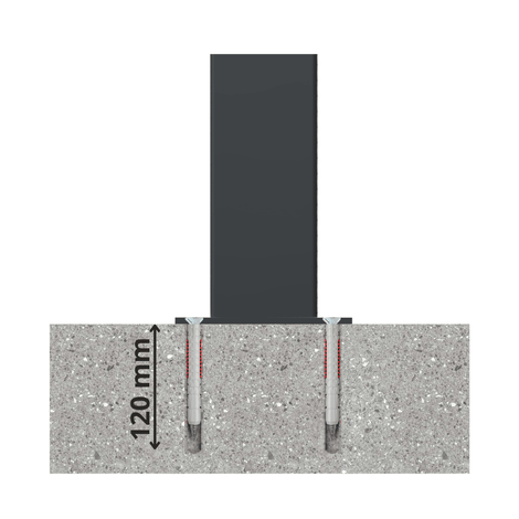 Donkergrijze afzetpaal, 80x80 mm met vlakke kop, gemonteerd in beton met 120 mm diepe ankers.