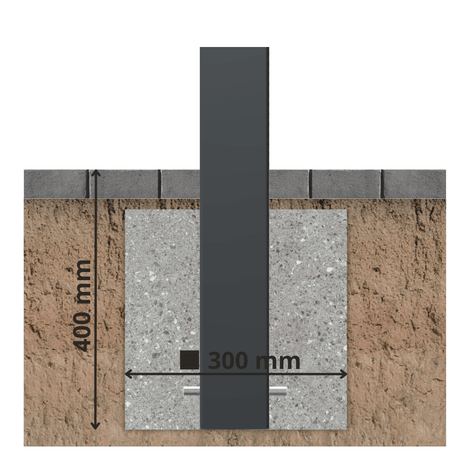 Afzetpaal design, 80x80 mm, antraciet, met vlakke kop, verankerd in 400x300 mm betonfundering.