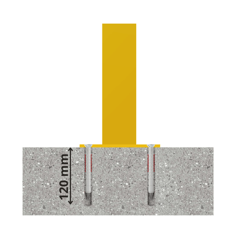 Gele en zwarte beschermpaal 70x70 mm met 120 mm betonverankering.