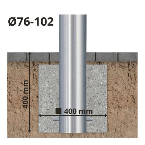 RVS aanrijdbeveiliging paal, Ø76-102 mm, ingegraven met 400x400 mm betonfundering.