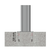 RVS parkeerpaal Ø102 mm, verankerd in beton met 120 mm diepe bevestigingen.