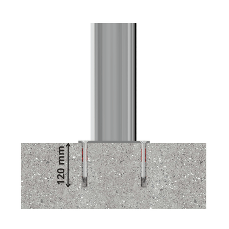 RVS parkeerpaal Ø102 mm, verankerd in beton met 120 mm diepe bevestigingen.
