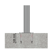 RVS afzetpaal Ø60 mm, verankerd in beton met 120 mm diepe bevestiging.