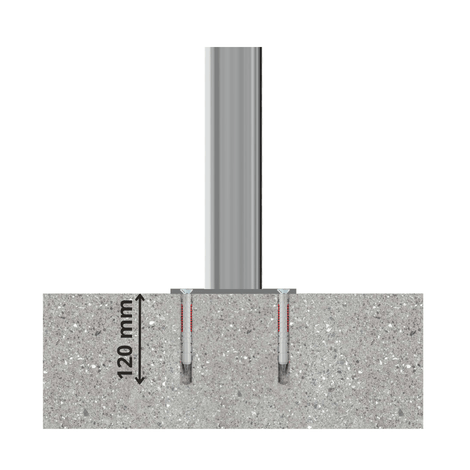 RVS parkeerpaal Ø60 mm met 120 mm diepe betonverankering.