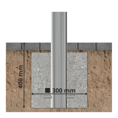 RVS afzetpaal Ø89 mm, verankerd in beton met 300 mm breedte en 400 mm diepte.