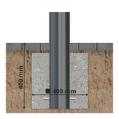 Grijze trottoirpaal Ø102 mm met helm kop, ingegraven in betonfundering van 400x400 mm.