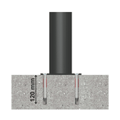 Zwarte trottoirpaal Ø76 mm met puntkop, gemonteerd in beton met 120 mm diepe ankers.