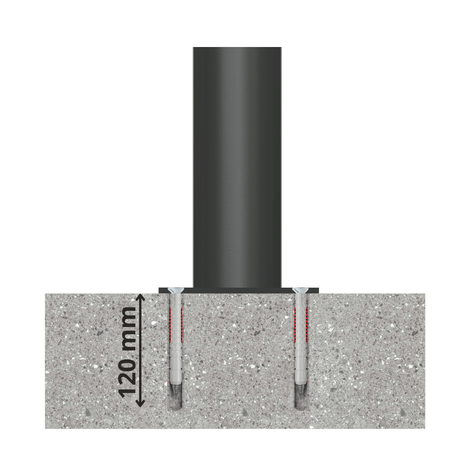 Zwarte trottoirpaal Ø76 mm met puntkop, gemonteerd in beton met 120 mm diepe ankers.