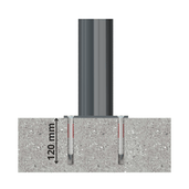 Grijze trottoirpaal Ø76 mm met kogelkop, gemonteerd in beton met 120 mm ankers.