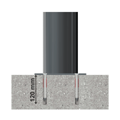 Grijze trottoirpaal Ø120 mm met vlakke kop, gemonteerd in beton met twee ankers van 120 mm diep.