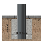 Donkergrijze trottoirpaal Ø120 mm met vlakke kop, ingegraven in betonfundering van 400x400 mm.