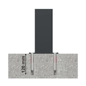 Donkergrijze trottoirpaal, 80x80 mm met vlakke kop, gemonteerd in beton met 120 mm diepe ankers.