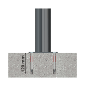 Donkergrijze trottoirpaal Ø82 mm met vlakke kop, verankerd in beton met 120 mm diepe bevestigingen.
