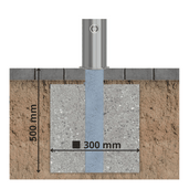 RVS uitneembare afzetpaal Ø102 mm, ingebouwd in betonfundering van 500x300 mm.