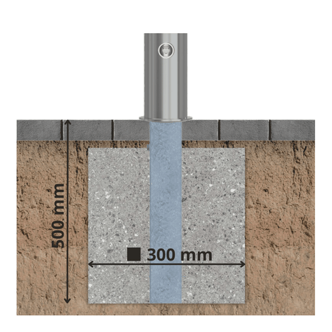 RVS uitneembare parkeerpaal, Ø102x900mm, met slotopties, geïnstalleerd in betonfundering van 500x300mm.