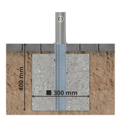 RVS uitneembare afzetpaal Ø60 x 900 mm, ingebouwd in beton met 400 mm diepte en 300 mm breedte.