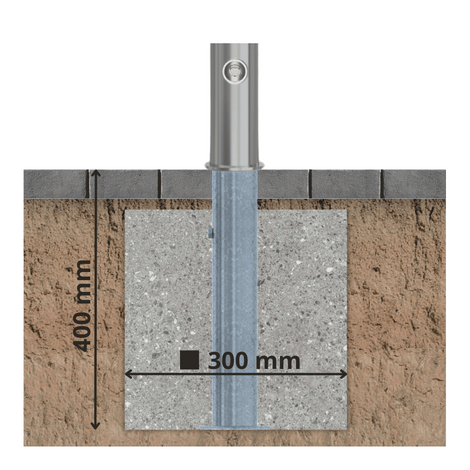 Uitneembare RVS afzetpaal (Ø76 x 900 mm) met slot, geïnstalleerd in betonfundering (300x400 mm).