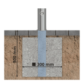 RVS uitneembare afzetpaal Ø89 mm, 900 mm hoog, met slot, ingebouwd in betonfundering van 500x300 mm.