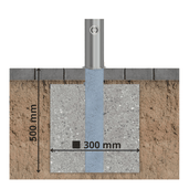 RVS uitneembare parkeerpaal, Ø89 x 900 mm, met grondanker van 500x300 mm in de bodem.