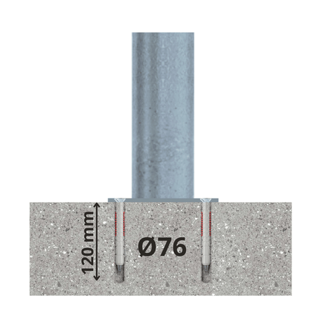 Verzinkt-rode aanrijdbeveiliging paal Ø76 mm, 120 mm diep in beton verankerd.