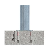 Verzinkt-blauwe aanrijdbeveiliging beugel Ø76 mm, gemonteerd in beton met 120 mm diepe ankers.
