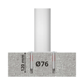 Wit-groene aanrijdbeveiliging paal Ø76 mm, ingebed in beton met 120 mm diepte, voor laadpaal bescherming.