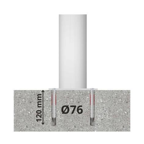 Wit-groene aanrijdbeveiliging paal Ø76 mm, ingebed in beton met 120 mm diepte, voor laadpaal bescherming.