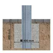 Verzinkt-groene beschermpaal Ø102 mm, ingegraven in betonfundering van 400x400 mm.