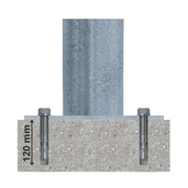 Verzinkt-groene beschermpaal Ø102 mm, gemonteerd met ankerbouten in beton, 120 mm diepte.