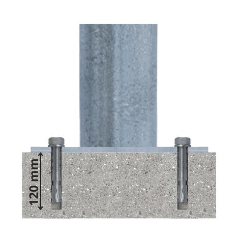 Verzinkt-groene beschermpaal Ø102 mm, gemonteerd met ankerbouten in beton, 120 mm diepte.