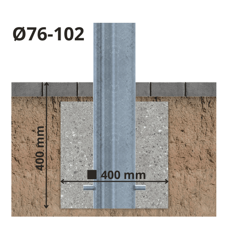 Verzinkt-rood aanrijdbeveiliging paal, Ø76-102 mm, met 400x400 mm fundering voor laadpaal bescherming.
