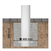 Witte beschermpaal Ø102 mm, 400 mm diep in betonfundering voor grondverankering.