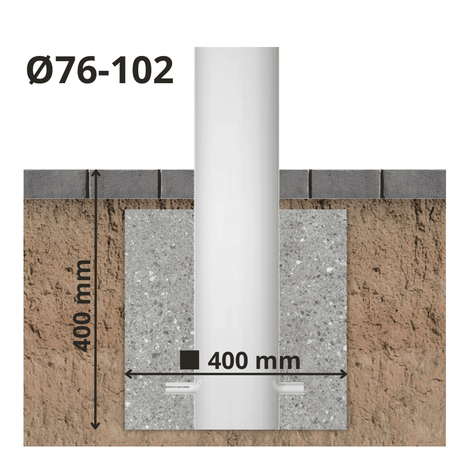 Wit-groene aanrijdbeveiliging paal Ø76-102 mm, ingegraven met 400x400 mm fundering.