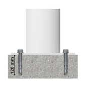 Witte beschermpaal Ø102 mm met voetplaat, verankerd in beton met twee bouten, 120 mm diep.