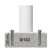 Witte aanrijdbeveiliging paal Ø102 mm, verankerd in beton met twee bouten van 120 mm diep.