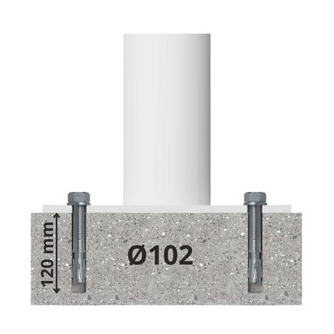 Witte aanrijdbeveiliging paal Ø102 mm, verankerd in beton met twee bouten van 120 mm diep.
