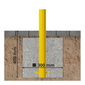 Gele beschermpaal Ø60 mm, ingegraven in betonfundering van 400x300 mm.