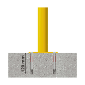 Gele en zwarte beschermpaal Ø60 mm, verankerd in beton met 120 mm diepe bevestigingen.