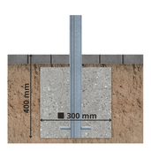 Verzinkt-blauwe beschermpaal Ø60 mm, ingebetonneerd met 400 mm diepte en 300 mm breedte.